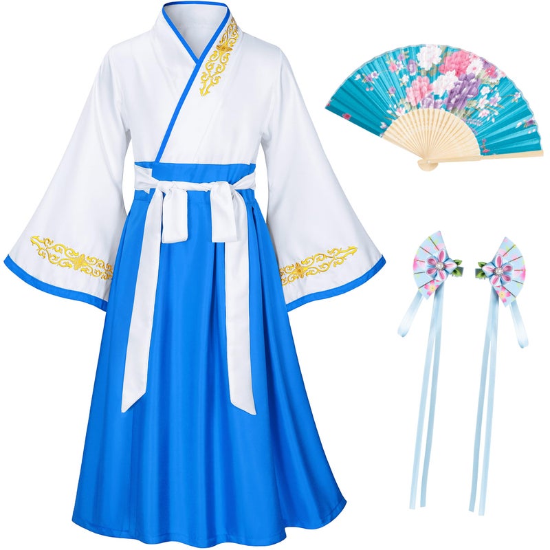 Elibelle Asian Traditional Dress Kimono Robe for Kids Girls Costume Silk Folding Fans hairstick Cosplay(White Blue140cm - Image 2